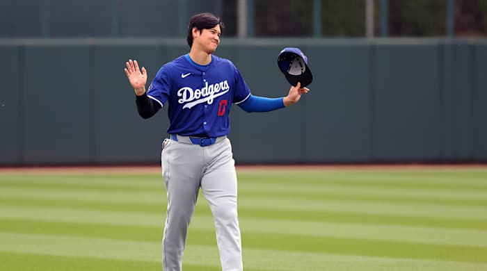 Los Angeles Dodgers designated hitter Shohei Ohtani (17) against the Chicago White Sox during a spring training baseball game at Camelback Ranch-Glendale.